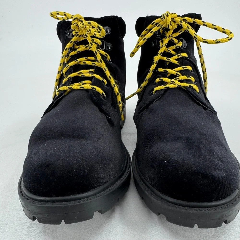 ASOS Design Hiking Boots MENS Black Velvet with Yellow Contrast Lace Up SIZE 9